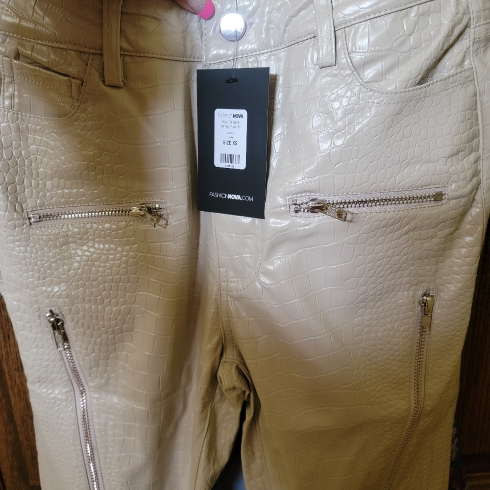 Pleather crocodile print cream moto pants